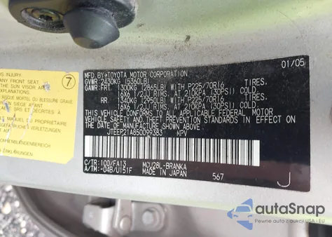 2005 Toyota Highlander V6 z USA, uszkodzony, nr VIN JTEEP21A850099383